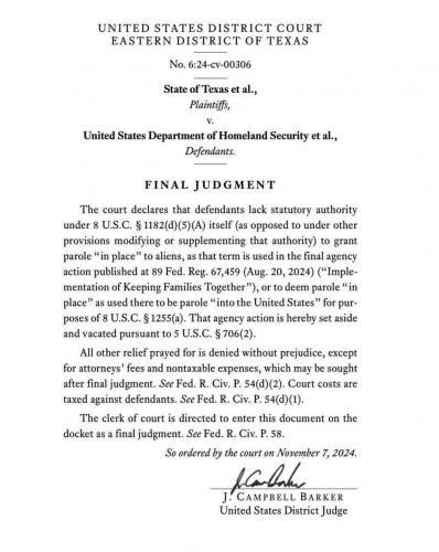 Dept of Homeland Security (DHS) -- Texas Lawsuit Victory against Illegal Immigration Mass Amnesty, America First Legal
