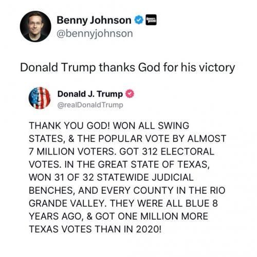 Donald J. Trump, Benny Johnson, Social Media Meme -- Thank God, Election 2024 Results