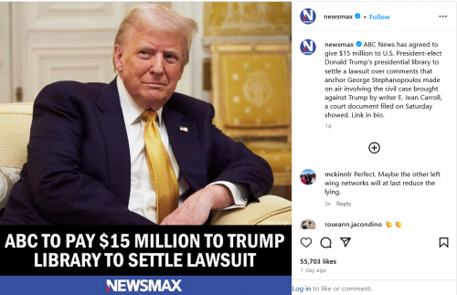 Screenshot 2024-12-15 at 19-55-31 Newsmax ABC News has agreed to give $15 million to U.S. President-elect Donald Trump's presidential library to settle a lawsuit over comments that... Instagram