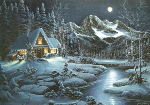 Good Night - Cabin with stream and full moon