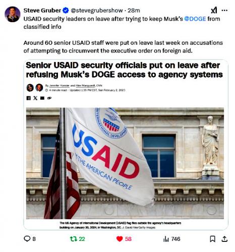 Eon Musk's DOGE ~Senior USAID Security Officials Put on Leave~