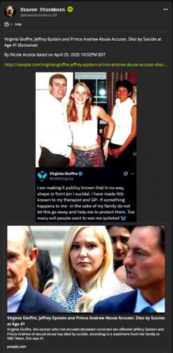 Virginia Giuffre, Jeffrey Epstein and Prince Andrew Abuse Accuser, Dies by Suicide at Age 41. ~No Mystery~