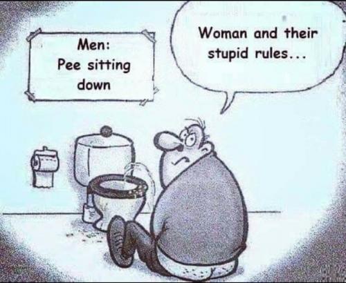 Cartoon - Men.. Pee sitting down