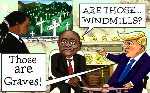 Political Cartoon President Donald Trump Confronts South Africa’s Ramaphosa with ‘Kill the Farmer’ Video