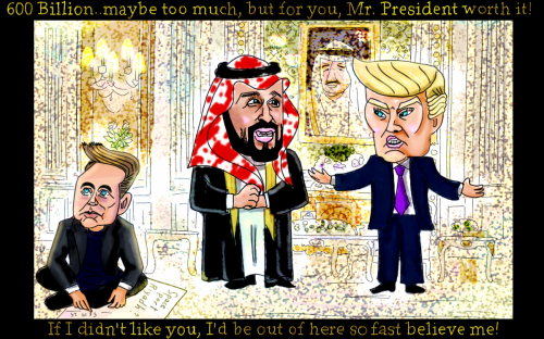 Crown Prince Bin Salman President Donald Trump ELon musk political cartoon riadhy