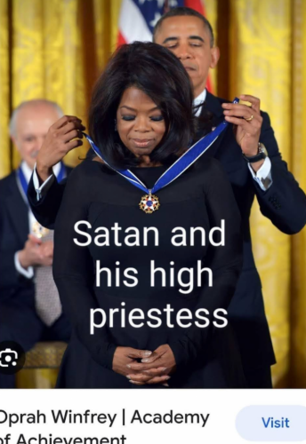 Satan giving a high medal to a priestess  au