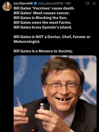 Bill Gates, Society Menace, Vaccines, Meat of Death, Blocking Sun, Farm Owner, Epstein Island -- No Doctor, Chef, Farmer, Meteorologist