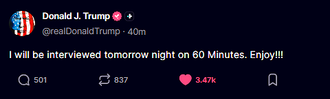 11-1-25 60 Minute Interview with President Trump