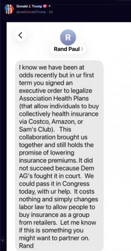 12-4-25 Rand Paul post to Trump on Health Care