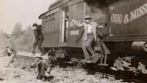 A still from the 1955 film, Rage At Dawn, starring Randolph Scott and Forrest Tucker which was based on the Reno brothers’ gang’s exploits.