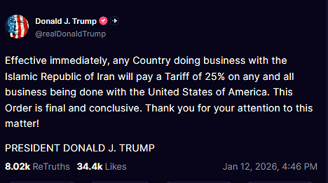 1-12-26 Tariffs Penalty for those doing business with #Iran