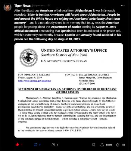 Epstein Suicide ~DOJ Posted Official Statement One Day Ahead of Accrual Death~