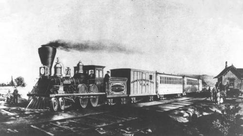 An illustration of an Adams Express Co train, similar to the one robbed by the Reno Gang in 1868 during the Great Train Robbery.