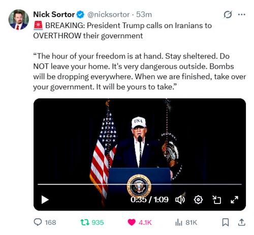 Trump Calls on Iranians to Overthrow Thier Government