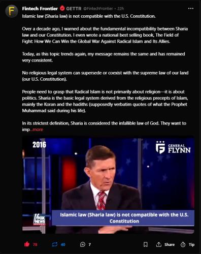 Mike Flynn ~Islamic Law NOT Compatable with US Constitution~