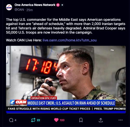 U.S. commander for the Middle East says American operations against Iran are ahead of schedule