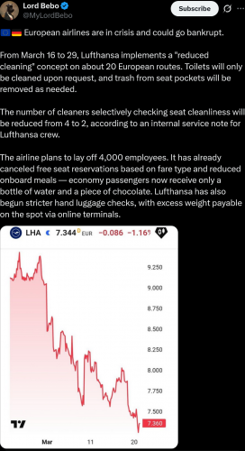 Screenshot 2026-03-21 at 11-20-16 (2) Lord Bebo on X 🇪🇺🇩🇪 European airlines are in crisis and could go bankrupt. From March 16 to 29 Lufthansa implements a reduced cleaning concept on about 20 European routes. Toilets will[...]