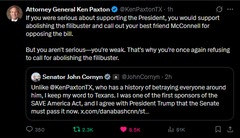 3-6-26 Attorney General Ken Paxton Texas reply to Senator John Cornyn