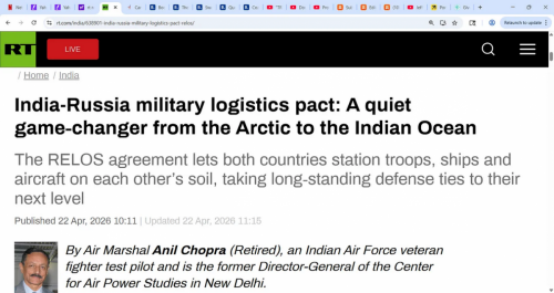 Screenshot 2026-04-25 at 20-30-02 India is tightening up with Russia militarily & economically as we speak (RELOS) & can you imagine a future of India China Iran Russia & North Korea COMBINED Do not think it is impossible & Tr[...]