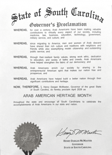 4-30-26 SOUTH CAROLINA ANNOUNCES ARAB AMERICAN HERITAGE MONTH