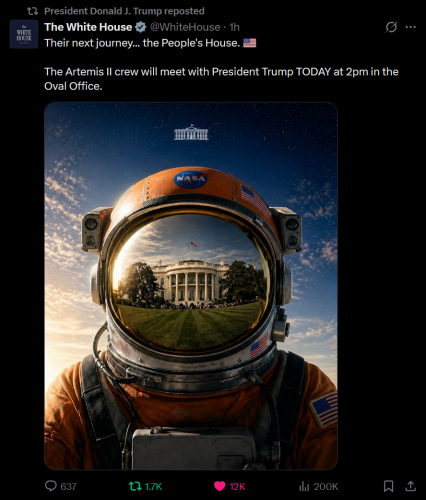 4-29-26 The Artemis II crew will meet with President Trump TODAY at 2pm in the Oval Office.