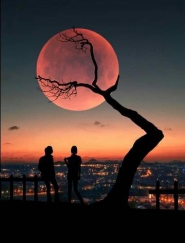 Moon - Red with tree and people