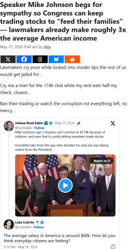 Screenshot 2026-05-17 at 15-43-12 Speaker Mike Johnson begs for sympathy so Congress can keep trading stocks to “feed their families” — lawmakers already make roughly 3x the average American income - Citizen Watch Report