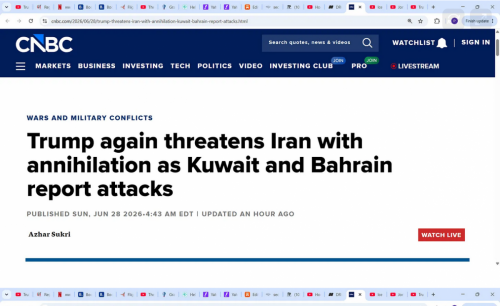Screenshot 2026-06-29 at 14-26-54 Is the US bombing of Iran escalating as they both negotiate Iran says it attacked Kuwait and Bahrain...US says it will retaliate & Trump says may annihilate Iran for the 80th time 'President D[...]