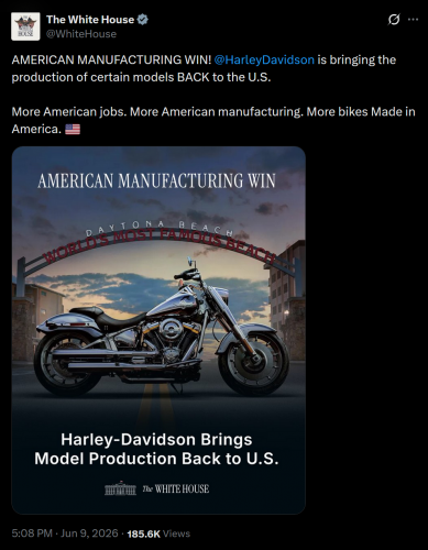 6-10-26 WHITE HOUSE TOUTS HARLEY DAVIDSON