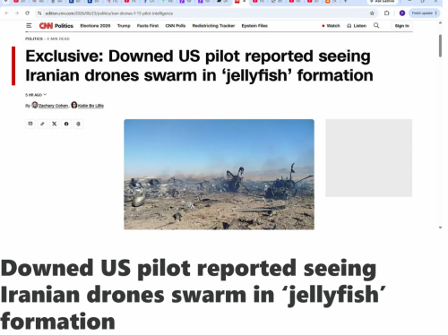 Screenshot 2026-06-23 at 17-55-54 'If the US airman shot down by Iran really saw what he described — a drone formation moving in unison — it would be an alarming advance in Iranian drone capabilities.' 'a “minefield of drones”[...]