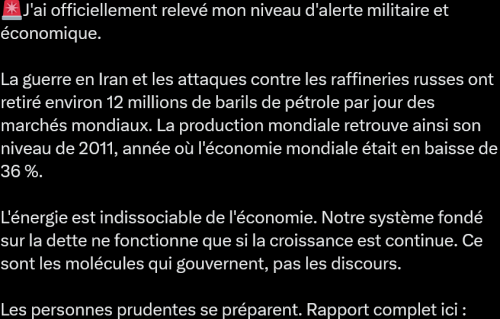 Screenshot 2026-07-24 at 11-09-56 Chris Martenson sur X « 🚨 J'ai officiellement relevé mon niveau d'alerte guerre et économie. La guerre en Iran et les attaques contre les raffineries russes ont retiré environ 12 millions de [...]