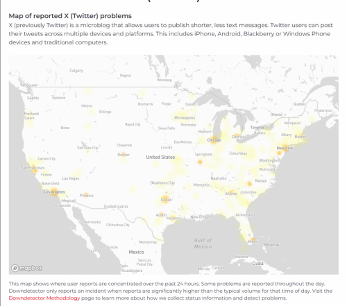 7-19-26 933pm Sunday Map of reported X-Twitter Problems